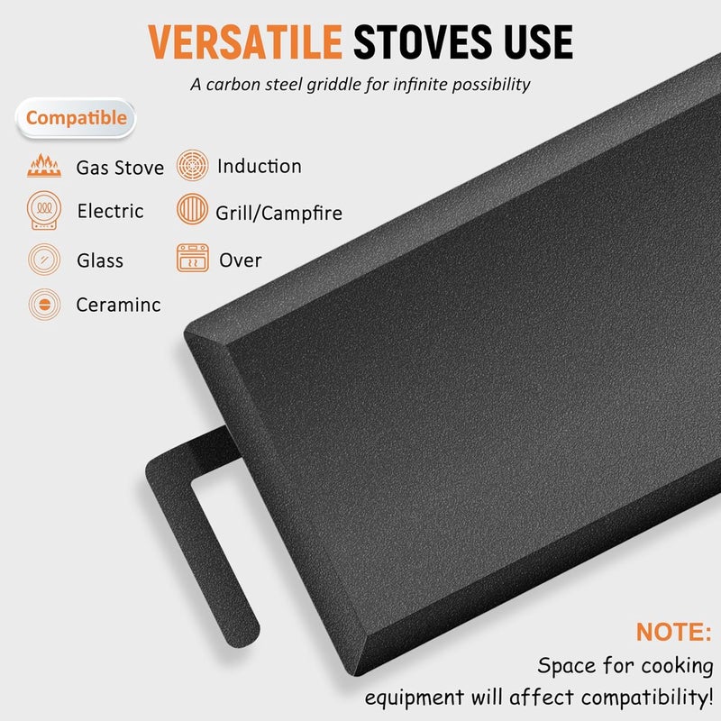 LTLUO Universal Large Carbon Steel Griddle for Outdoor Gas Grill, Induction, Gas/Electric Stove, and Oven, Double Burner Griddle Comes with Grill Press, Pre-seasoned Nitride Coating Process - Image 3